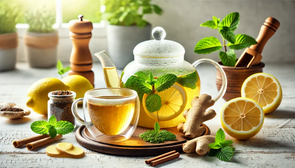 Best Detox Tea for a Healthier You: How Detoxification Tea Supports Cleansing & Wellness 1 Refreshing detox tea setup with glass teapot and cup, surrounded by lemon, ginger, and mint, evoking vitality and wellness