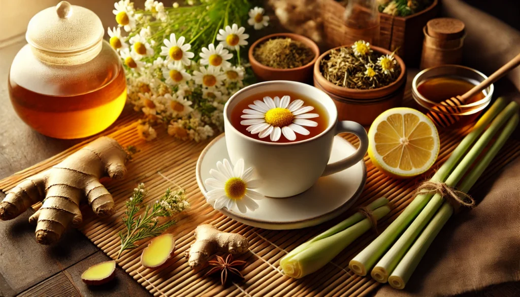 Best Detox Tea for a Healthier You: How Detoxification Tea Supports Cleansing & Wellness 2 Calming detox tea scene on a bamboo mat with chamomile flowers, lemongrass, and ginger, creating a tranquil, healthful atmosphere