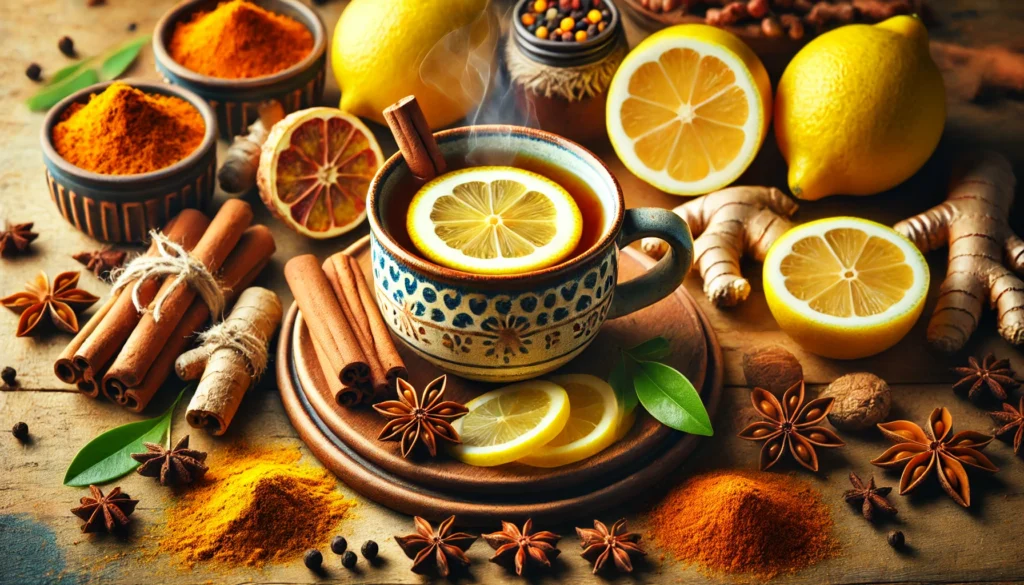 Best Detox Tea for a Healthier You: How Detoxification Tea Supports Cleansing & Wellness 3 Inviting detox tea with ceramic cup steaming hot, surrounded by turmeric, lemon, and cinnamon sticks, conveying energy and cleansing