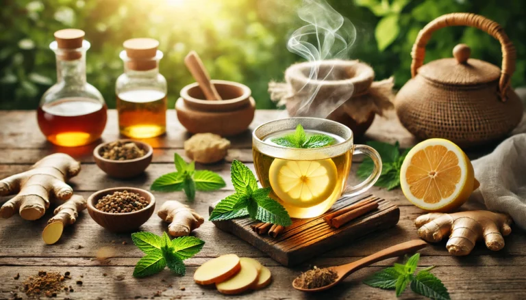 Steaming cup of detox tea with ginger, mint, and lemon on a rustic wooden table, illuminated by sunlight through greenery, symbolizing natural digestive health