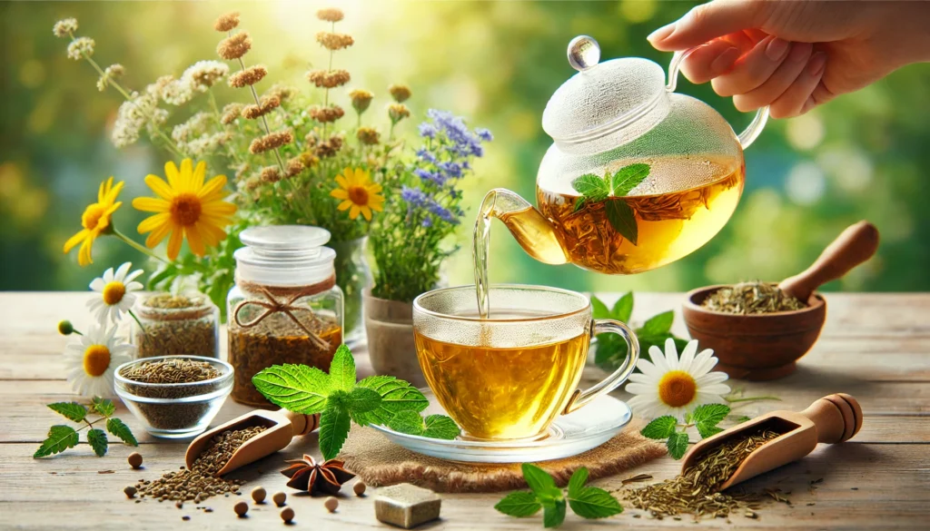 Gut Cleansing Tea: How Detox Tea for Colon Cleanse Supports Digestive Health Naturally 1 Golden detox tea being poured from a transparent teapot into a glass cup, surrounded by chamomile, peppermint, and fennel seeds, highlighting natural colon cleanse benefits