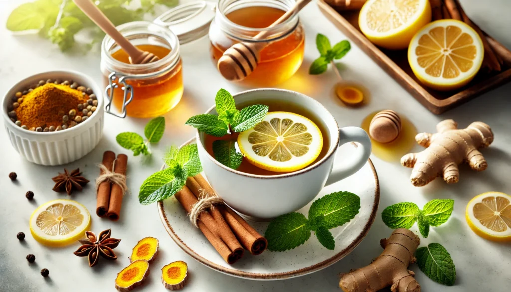 Gut Cleansing Tea: How Detox Tea for Colon Cleanse Supports Digestive Health Naturally 2 Herbal detox tea with floating lemon slices and fresh mint leaves, accompanied by cinnamon sticks, turmeric roots, and honey on a marble countertop, promoting digestive wellness