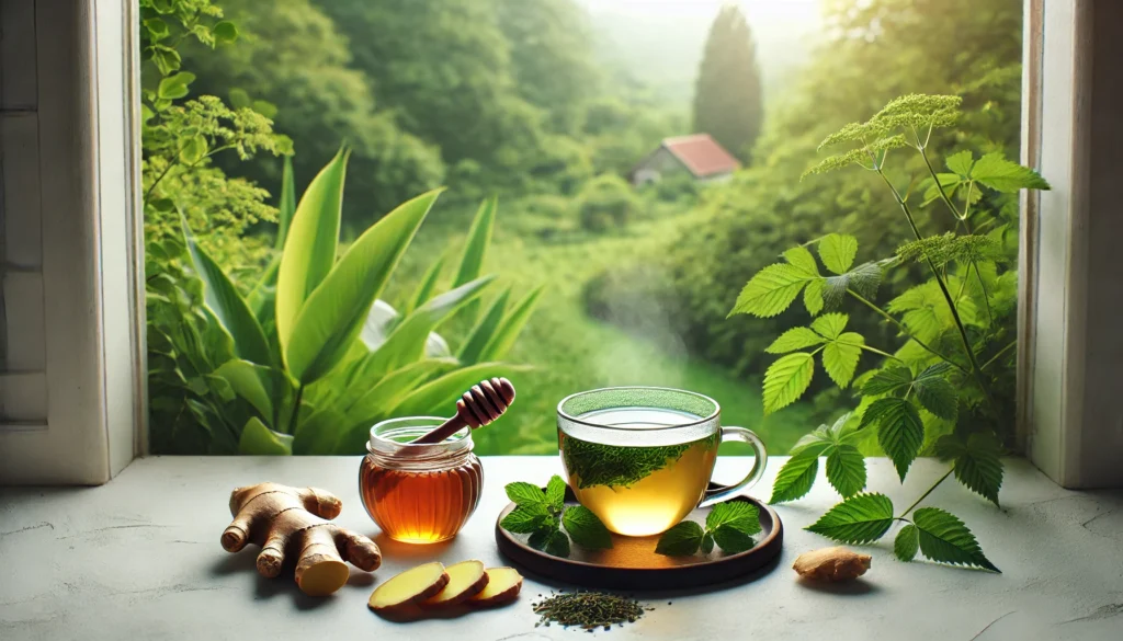 Gut Cleansing Tea: How Detox Tea for Colon Cleanse Supports Digestive Health Naturally 3 Steaming cup of detox tea on a windowsill with ginger slices, green tea leaves, and honey, overlooking a lush garden, evoking calmness and natural digestive health