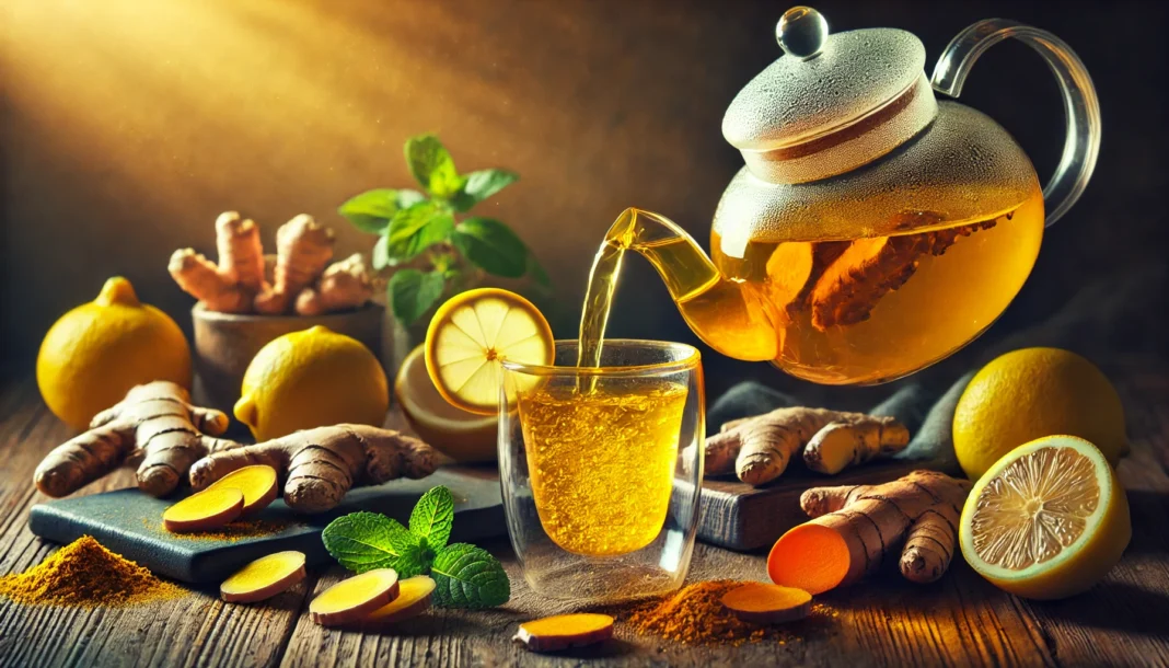 Glass teapot pouring golden turmeric detox tea into a clear glass cup surrounded by fresh turmeric roots, lemon slices, ginger, and mint leaves, illuminated by natural sunlight for a refreshing wellness scene