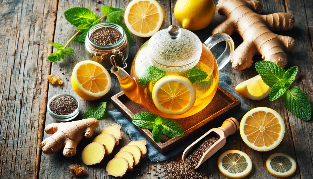 Flat lay of a glass teapot with steaming detox tea surrounded by fresh lemon slices, ginger, mint leaves, and chia seeds on a rustic wooden table. Vibrant and refreshing, representing health and wellness