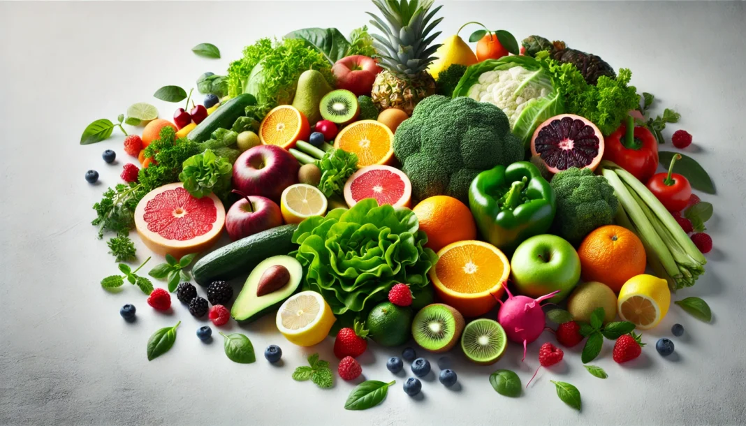 A vibrant assortment of fresh fruits and vegetables on a clean white surface, symbolizing natural detox and cleansing