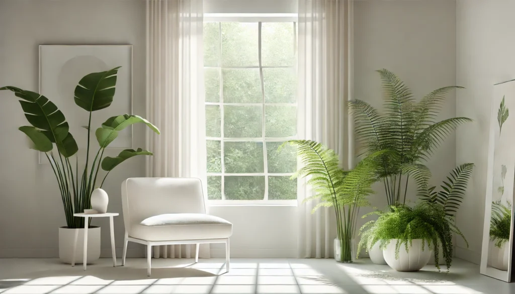 A minimalistic, clean interior space with sunlight streaming through a large window, evoking calmness and wellness