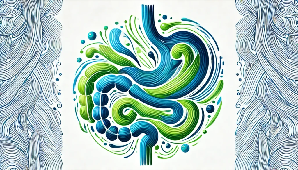 An abstract artistic representation of the digestive system using swirling blue and green lines, symbolizing movement, balance, and detoxification