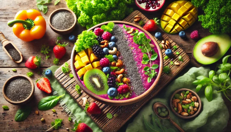 Detox smoothie bowl with fresh berries, kiwi, mango, chia seeds, and nuts on a wooden table surrounded by leafy greens, symbolizing a healthy, natural lifestyle