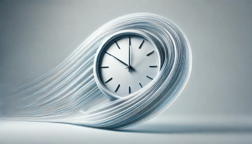 Conceptual clock with fast-moving motion lines symbolizing quick relief, emphasizing speed and rapid digestion