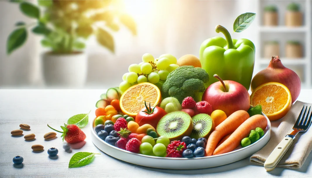 A vibrant assortment of fresh, colorful fruits and vegetables on a white plate, symbolizing natural digestive health solutions in a bright and airy setting