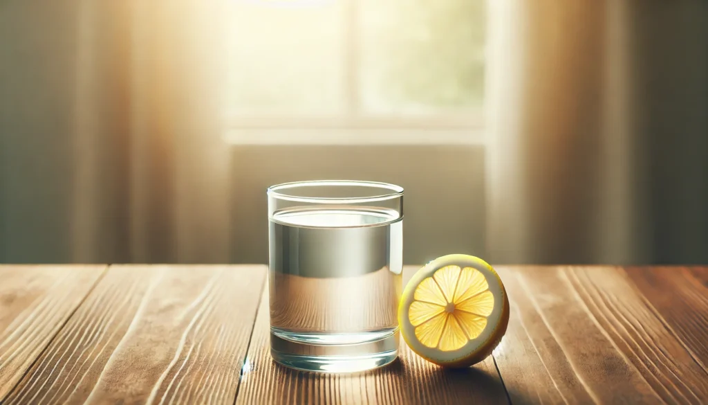 Fastest Working Laxative: Safe and Effective Options for Quick Relief 1 A calming scene of a glass of clear water with a lemon slice beside it on a wooden table, representing natural hydration and digestive aid in a serene, clean atmosphere