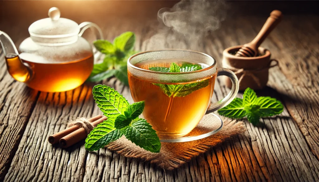 Fastest Working Laxative: Safe and Effective Options for Quick Relief 2 A soothing cup of herbal tea with fresh mint leaves on a rustic wooden surface, emitting gentle steam, symbolizing natural digestive relief and relaxation