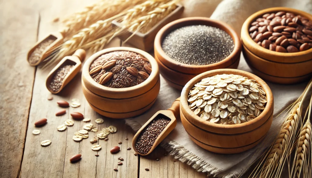 Fastest Working Laxative: Safe and Effective Options for Quick Relief 3 A close-up of fiber-rich grains, including oats, chia seeds, and flaxseeds in small bowls on a wooden table, promoting digestive health and natural remedies in a bright, rustic setting