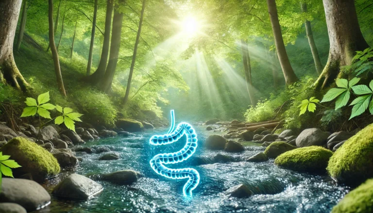 A tranquil blue stream flowing through a lush green forest, symbolizing natural colon detoxification and internal cleansing. Sunlight filters through the trees, enhancing the sense of purity and renewal.