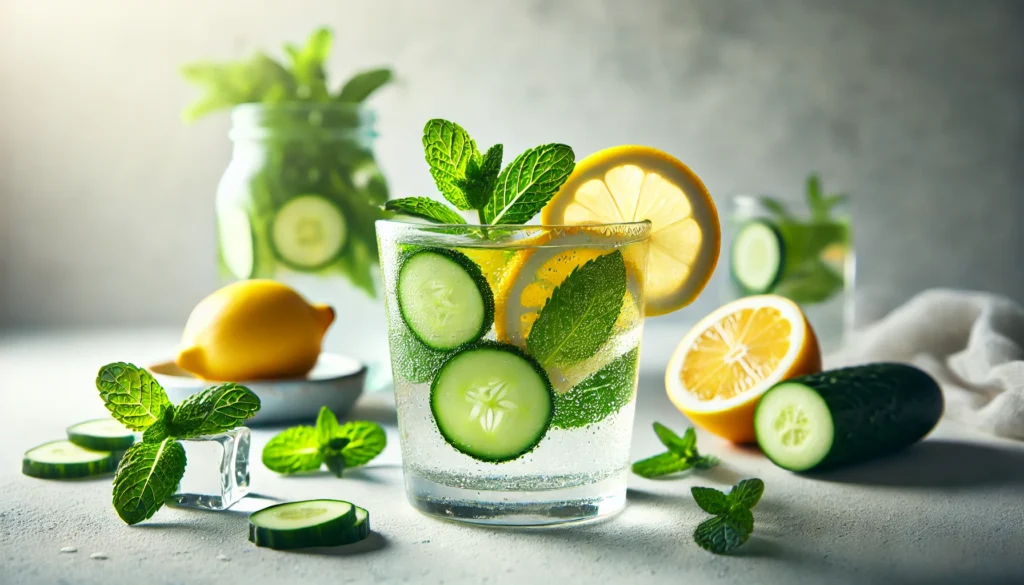 How Long Does It Take to Clean Out Your Colon? A Complete Guide to Safe and Effective Detoxification 2 A refreshing glass of infused water with lemon, mint, and cucumber, symbolizing natural colon cleansing, hydration, and detoxification. The bright, clean background enhances the feeling of purity and wellness