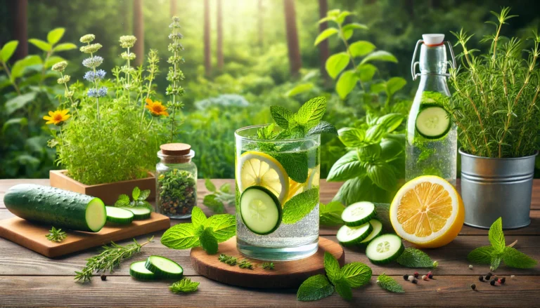 A serene, lush green landscape with fresh herbs and a glass of detox water infused with lemon, cucumber, and mint, symbolizing natural body detox and wellness.