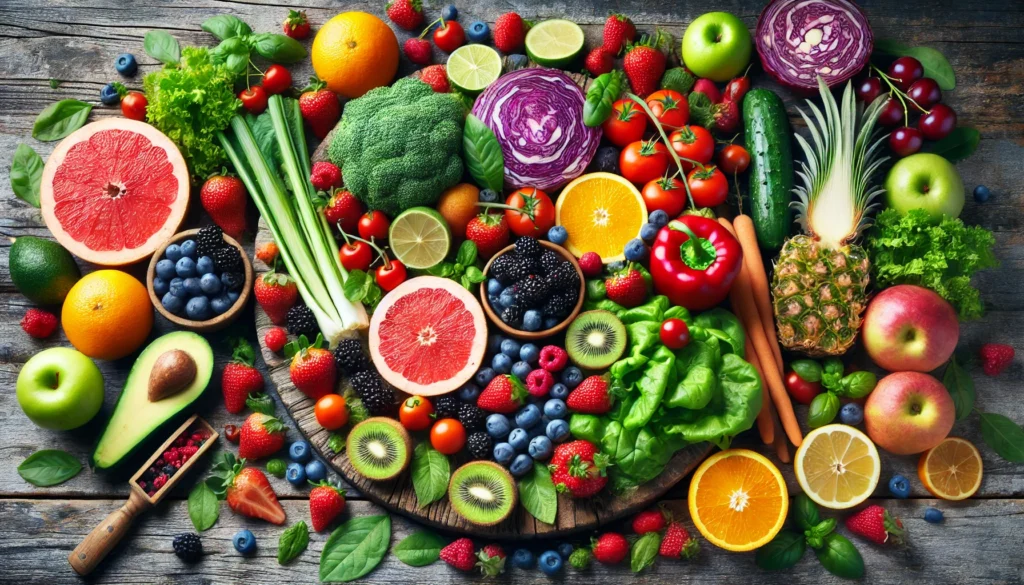 Detox Your Body Naturally: How the Best Belly Fat Burner Supplement Supports Weight Loss & Wellness 1 A vibrant display of fresh fruits and vegetables rich in antioxidants, including berries, leafy greens, and citrus, emphasizing detox, health, and wellness