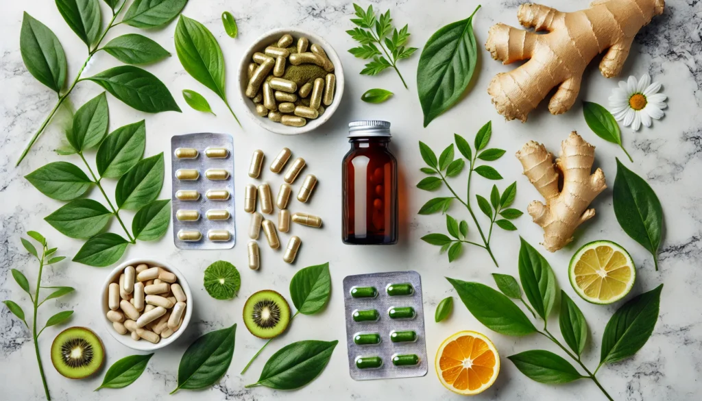 Detox Your Body Naturally: How the Best Belly Fat Burner Supplement Supports Weight Loss & Wellness 3 A flat lay of natural supplements and herbal capsules on a white marble background, surrounded by fresh green leaves and ginger slices, symbolizing natural weight loss and body detox