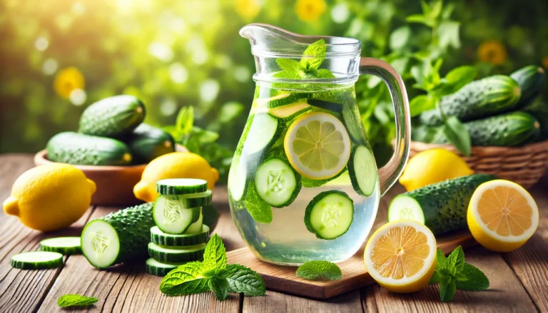 Glass pitcher of detox water with cucumber, lemon, and mint on a wooden table in a bright outdoor setting, symbolizing hydration and digestive wellness
