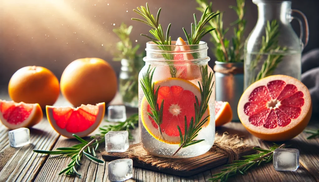 Flat Tummy Detox Water: A Refreshing Way to Support Digestion and Wellness 1 Mason jar of detox water infused with grapefruit slices and rosemary on a rustic wooden surface with sunlit background, evoking vitality and freshness