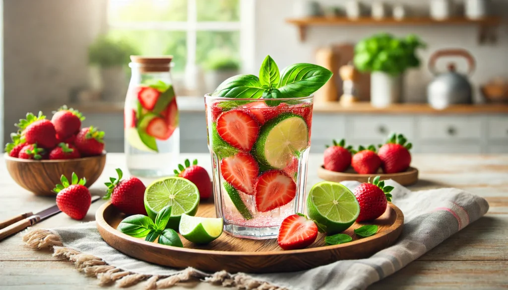Flat Tummy Detox Water: A Refreshing Way to Support Digestion and Wellness 2 Glass of detox water with strawberries, lime, and basil on a wooden tray in a bright kitchen, highlighting refreshing wellness and natural health benefits