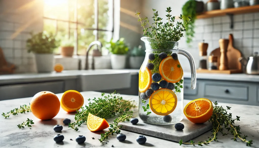 Flat Tummy Detox Water: A Refreshing Way to Support Digestion and Wellness 3 Glass jug of detox water with orange slices, blueberries, and thyme on a marble countertop with a minimalist kitchen background, representing freshness and digestion support