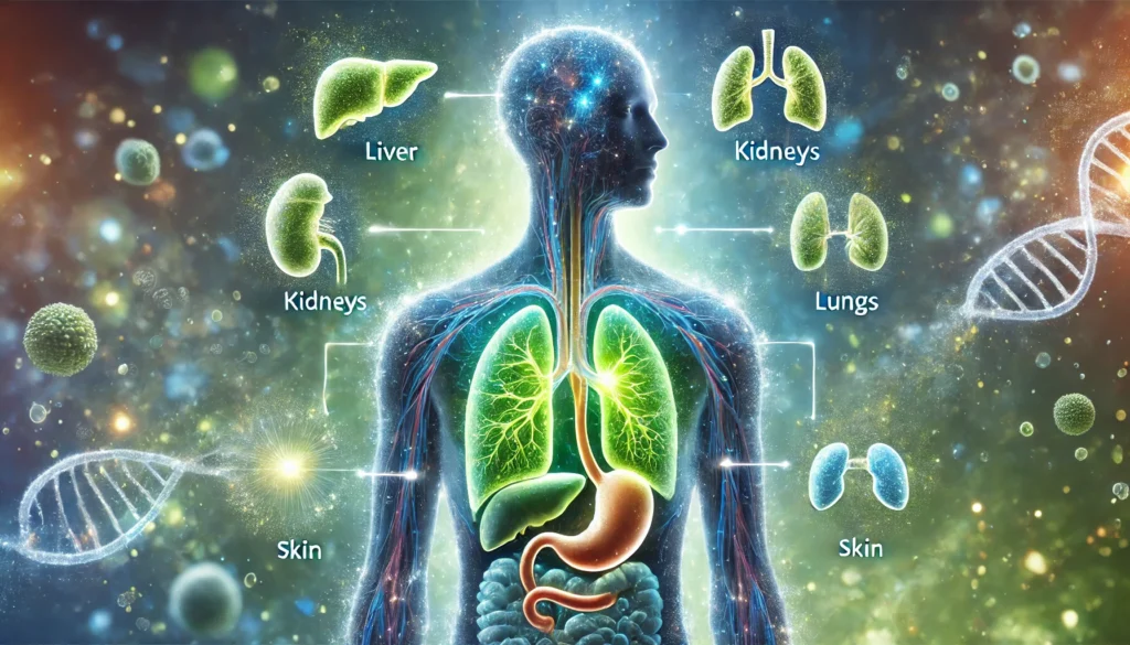 How Do Toxins Leave the Body? Understanding Natural Detoxification and Effective Wellness Strategies 1 A futuristic digital illustration depicting the body's natural detoxification process. A glowing human silhouette showcases illuminated pathways representing the liver, kidneys, lungs, skin, and intestines, symbolizing the removal of toxins. The ethereal background blends blue and green hues, emphasizing purification, renewal, and the body's self-cleansing mechanisms