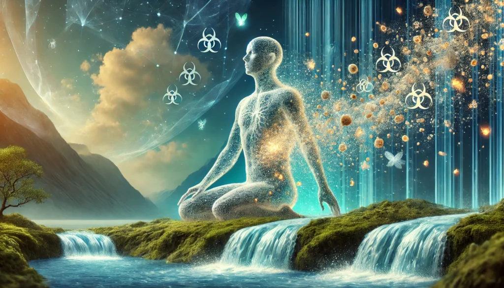 How Do Toxins Leave the Body? Understanding Natural Detoxification and Effective Wellness Strategies 2 A surreal digital artwork depicting the elimination of toxins from the body. A translucent human figure is surrounded by tiny glowing particles symbolizing toxins being released through sweat, breath, and digestion. The serene background features flowing water and fresh air, emphasizing natural detoxification, purification, and renewal