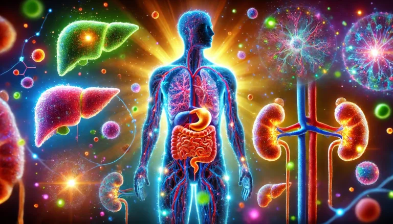 A conceptual digital illustration highlighting the body's detoxification process at the microscopic level. A glowing human silhouette is shown with close-up details of cells and the bloodstream actively filtering out toxins. Vibrant colors emphasize the liver, kidneys, and intestines working together to cleanse the body. A soft aura of light represents purification, renewal, and overall well-being.