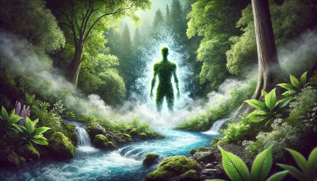 How Do Toxins Leave the Body? Understanding Natural Detoxification and Effective Wellness Strategies 3 A conceptual nature-inspired digital artwork representing detoxification and renewal. A human silhouette, composed of water and light, stands amidst a lush forest with flowing rivers and fresh air. Gentle mist surrounds the figure, symbolizing the release of toxins through breath and sweat. The scene evokes a sense of natural purification, healing, and the deep connection between the body and nature