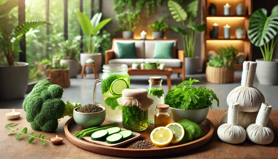 Serene spa setting with natural detox ingredients including fresh green vegetables, herbal tea, lemon slices, and detox water arranged on a wooden tray, surrounded by lush indoor plants and soft natural lighting