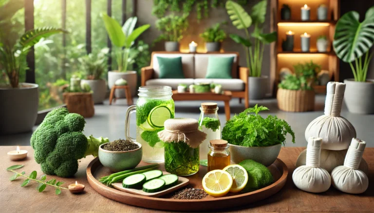Serene spa setting with natural detox ingredients including fresh green vegetables, herbal tea, lemon slices, and detox water arranged on a wooden tray, surrounded by lush indoor plants and soft natural lighting