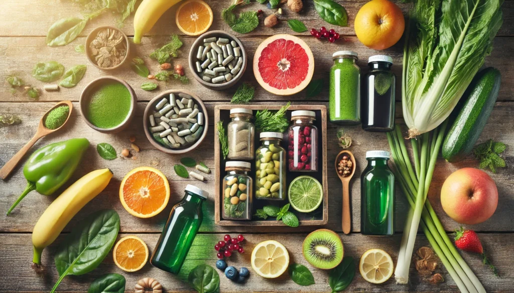 The Best Full Body Detox Cleanse Kit: How to Safely Eliminate Toxins for Optimal Health 1 Flat lay of a detox cleanse kit featuring natural supplements, green juice bottles, herbal extracts, and fresh fruits like berries and citrus slices on a rustic wooden surface with soft sunlight