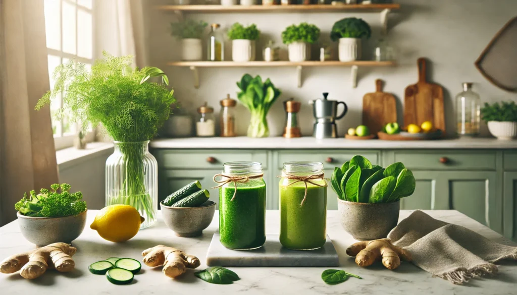 The Best Full Body Detox Cleanse Kit: How to Safely Eliminate Toxins for Optimal Health 2 Wellness scene with detox smoothies in glass jars surrounded by green leafy vegetables, ginger, lemon, and herbs on a marble countertop in a minimalistic, clean kitchen atmosphere