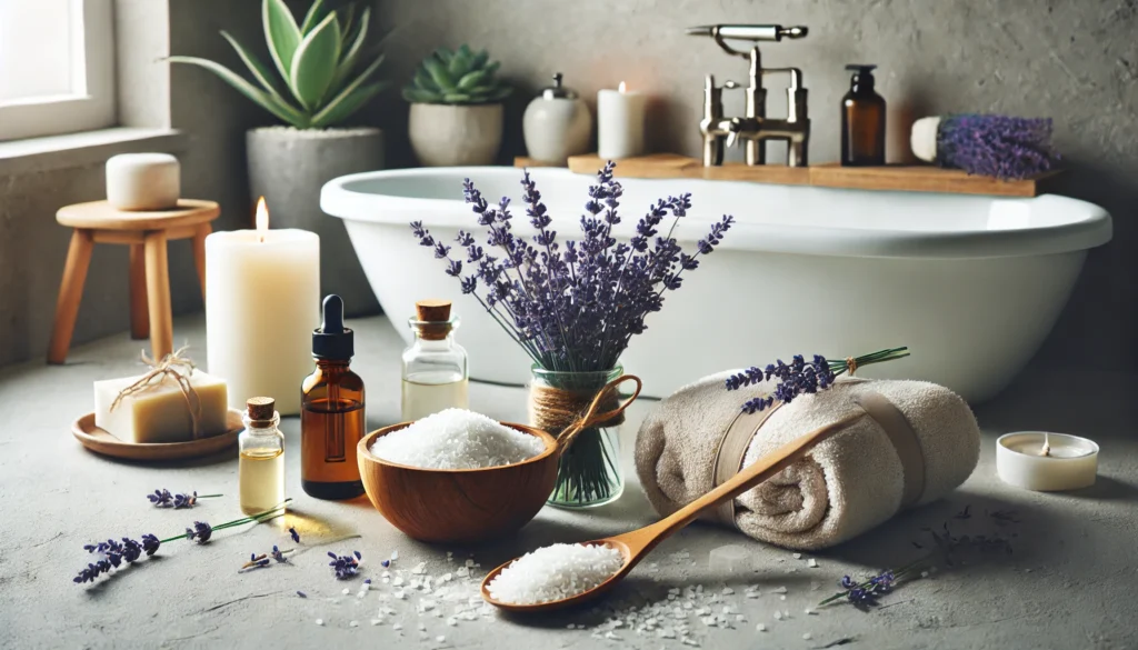 The Best Full Body Detox Cleanse Kit: How to Safely Eliminate Toxins for Optimal Health 3 Minimalist lifestyle scene showing a detox bath setup with Epsom salt, essential oils, fresh lavender sprigs, white towels, and candles near a bathtub in a tranquil environment