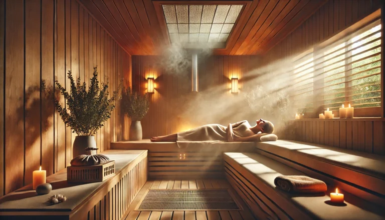 A relaxing spa scene with a person unwinding in a hot sauna, surrounded by steam, symbolizing detoxification and system cleansing. The warm lighting and wooden interior create a serene, rejuvenating atmosphere