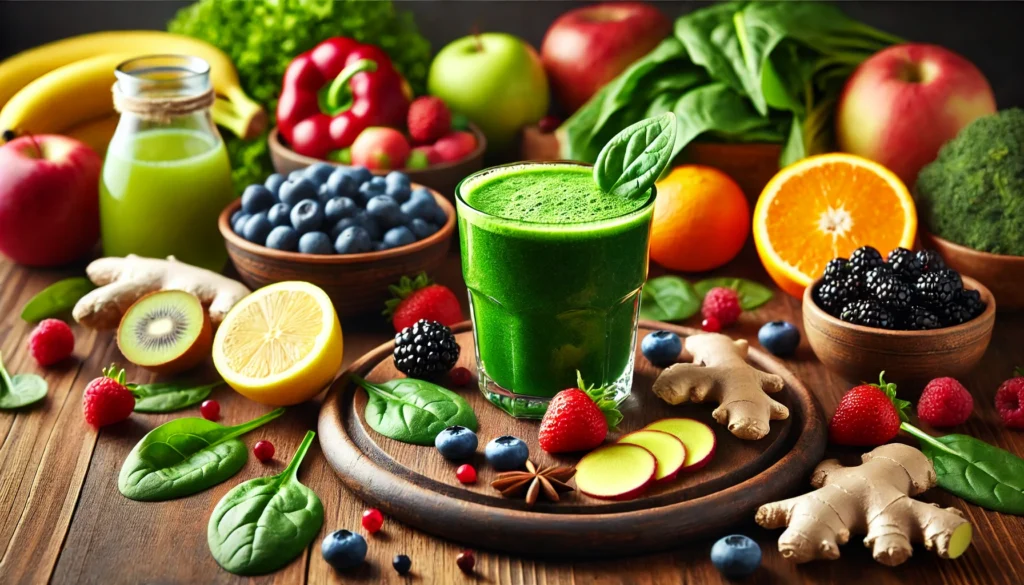 How to Flush Out Your System: Safe and Effective Detox Strategies for Better Health 1 A fresh and vibrant detox smoothie with ingredients like berries, spinach, lemon, and ginger on a wooden kitchen counter. A glass of green juice with condensation sits in the center, surrounded by nutrient-rich fruits and vegetables, symbolizing natural cleansing and detoxification.