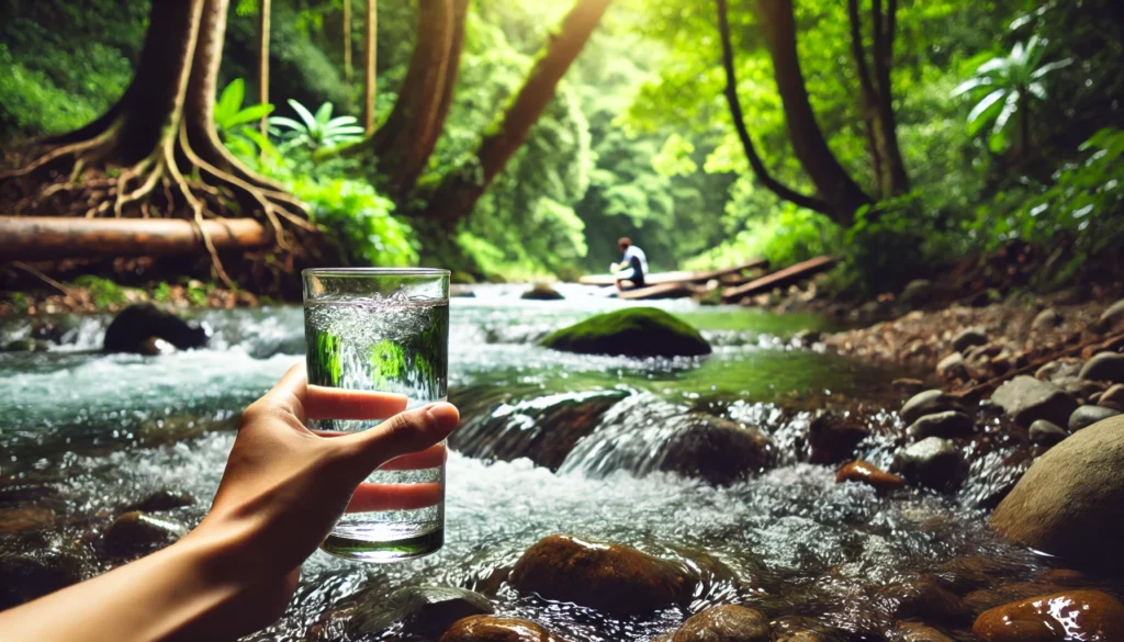 How to Flush Out Your System: Safe and Effective Detox Strategies for Better Health 2 A serene outdoor setting with a person drinking a large glass of water near a flowing river, surrounded by lush greenery. The clear water and natural environment emphasize hydration, purification, and detoxification, symbolizing the process of flushing toxins from the body