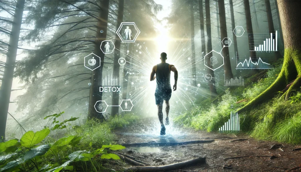 How to Flush Out Your System: Safe and Effective Detox Strategies for Better Health 3 A dynamic fitness scene of a person jogging on a misty forest trail in the early morning, surrounded by fresh air and tall trees. The individual is sweating, symbolizing the body's natural detoxification process through exercise, with sunlight filtering through the trees to create an invigorating atmosphere