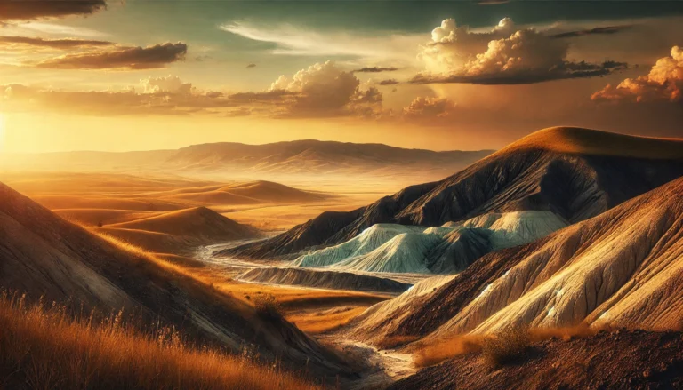 Serene landscape of the Great Plains with rolling hills and natural bentonite clay deposits under golden sunlight, symbolizing detoxification and health benefits
