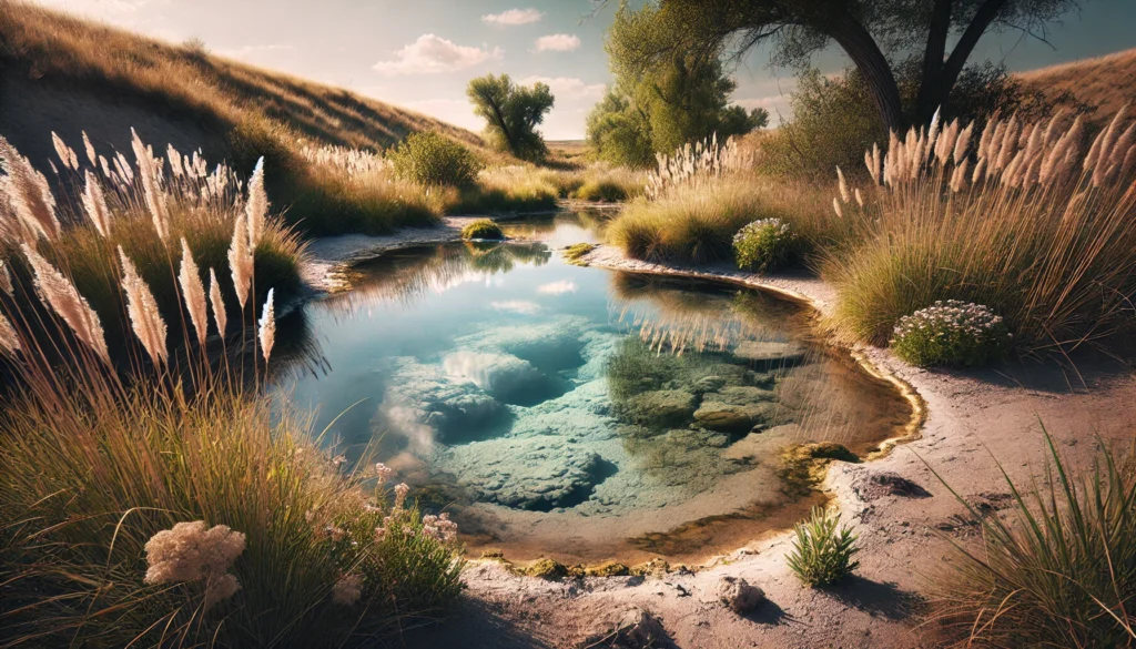 Great Plains Bentonite Clay Detox: Unlocking the Natural Power of Toxin Removal for Better Health 2 Calm natural spring surrounded by Great Plains vegetation with clay deposits at the water's edge, representing the cleansing power of bentonite clay