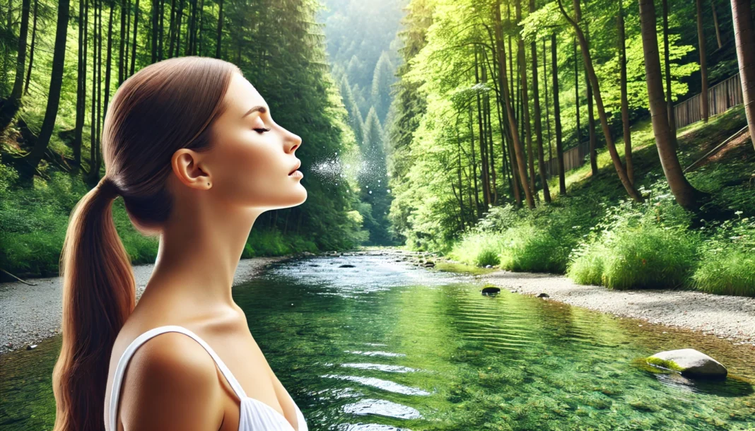 Woman standing by a clear river, surrounded by lush greenery, inhaling deeply to symbolize natural detox and wellness