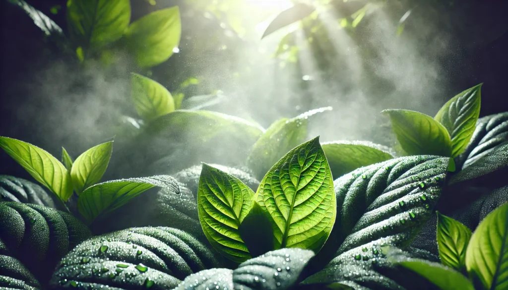 Pure Body Detox: How Spray Detox Can Support Heavy Metal Cleansing for Optimal Wellness 2 Close-up of water droplets misting over vibrant green leaves, representing detoxification, freshness, and natural wellness