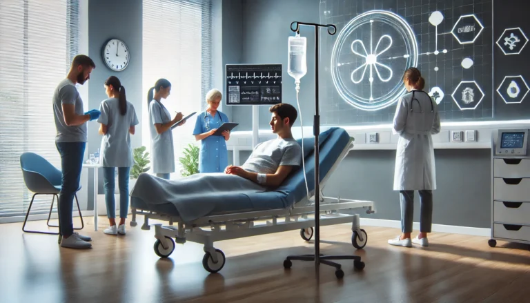 A modern hospital room with a patient receiving IV therapy, symbolizing hospital detox. The patient is resting comfortably in a clean, well-lit medical environment while healthcare staff monitors their recovery, emphasizing medical supervision and detoxification