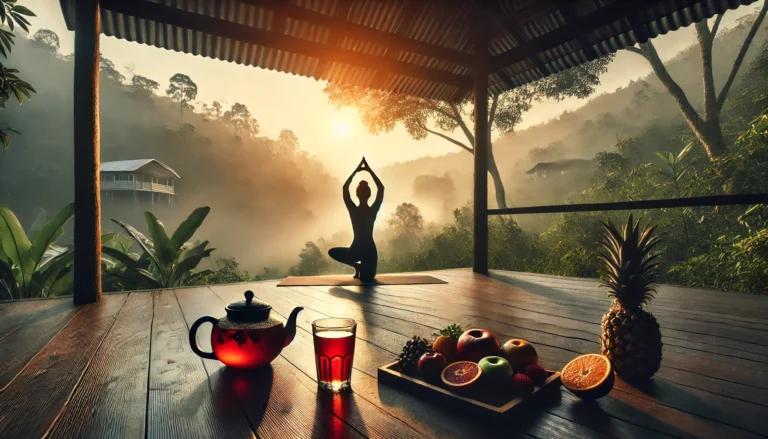 A serene outdoor yoga and meditation setting on a wooden deck overlooking a misty forest at sunrise, with a cup of herbal tea and fresh fruits nearby. The scene represents mindfulness and inner cleansing as part of a holistic detox journey