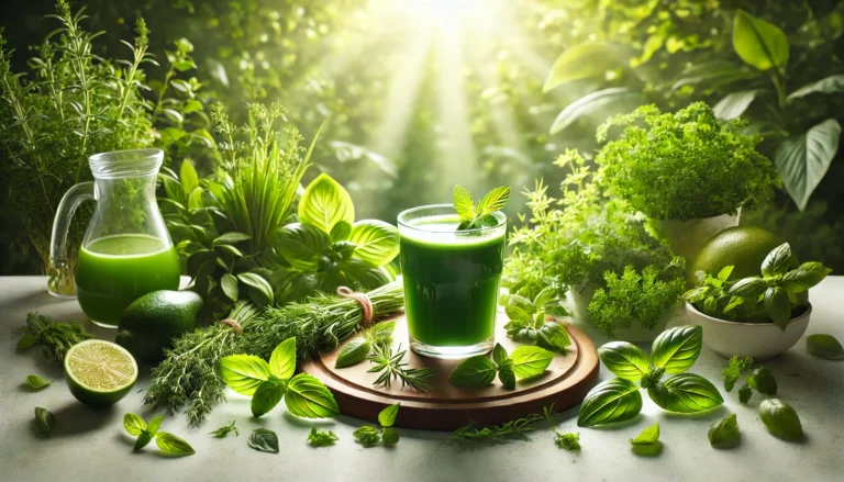 Glass of green detox juice surrounded by fresh herbs like mint, basil, and parsley, set against lush greenery with sunlight filtering through leaves, representing natural cleansing and vitality