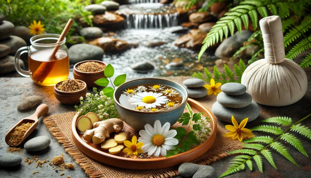 Herbal Clean Detox: A Natural Approach to Same-Day Cleansing and Long-Term Wellness 1 Herbal tea infused with chamomile, ginger, and lemongrass on a wooden tray, surrounded by aromatic herbs and petals, with flowing water and natural stones in the background, symbolizing holistic wellness and detoxification