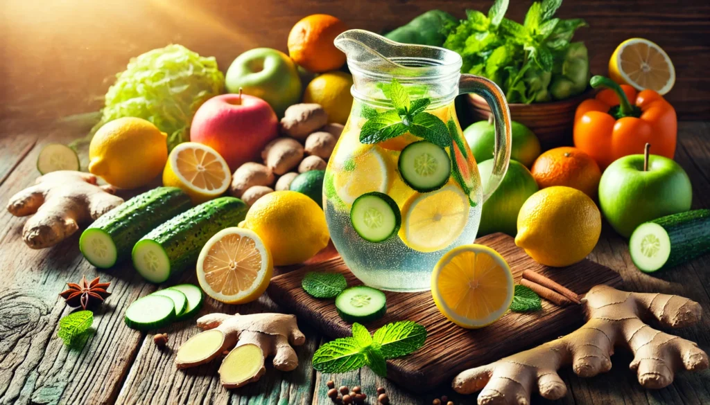Herbal Clean Detox: A Natural Approach to Same-Day Cleansing and Long-Term Wellness 2 Vibrant display of detoxifying fruits including lemon, ginger, cucumber, and mint, beautifully arranged on a rustic wooden table with a pitcher of infused water glistening in sunlight, symbolizing refreshing natural cleansing