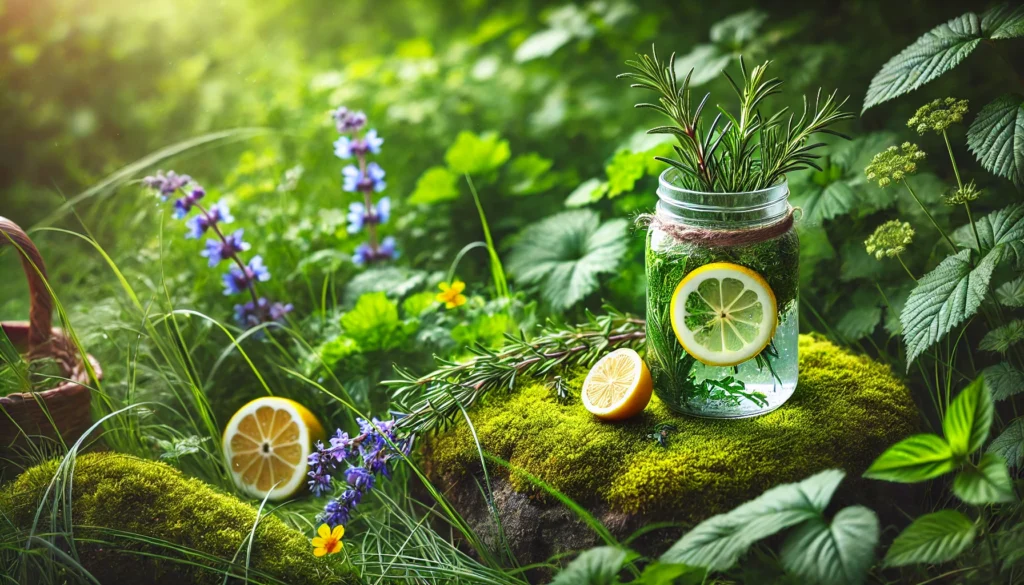 Herbal Clean Detox: A Natural Approach to Same-Day Cleansing and Long-Term Wellness 3 Glass jar of herbal detox water infused with rosemary and citrus slices on a moss-covered stone, surrounded by green foliage and wildflowers, evoking natural purity and holistic well-being.